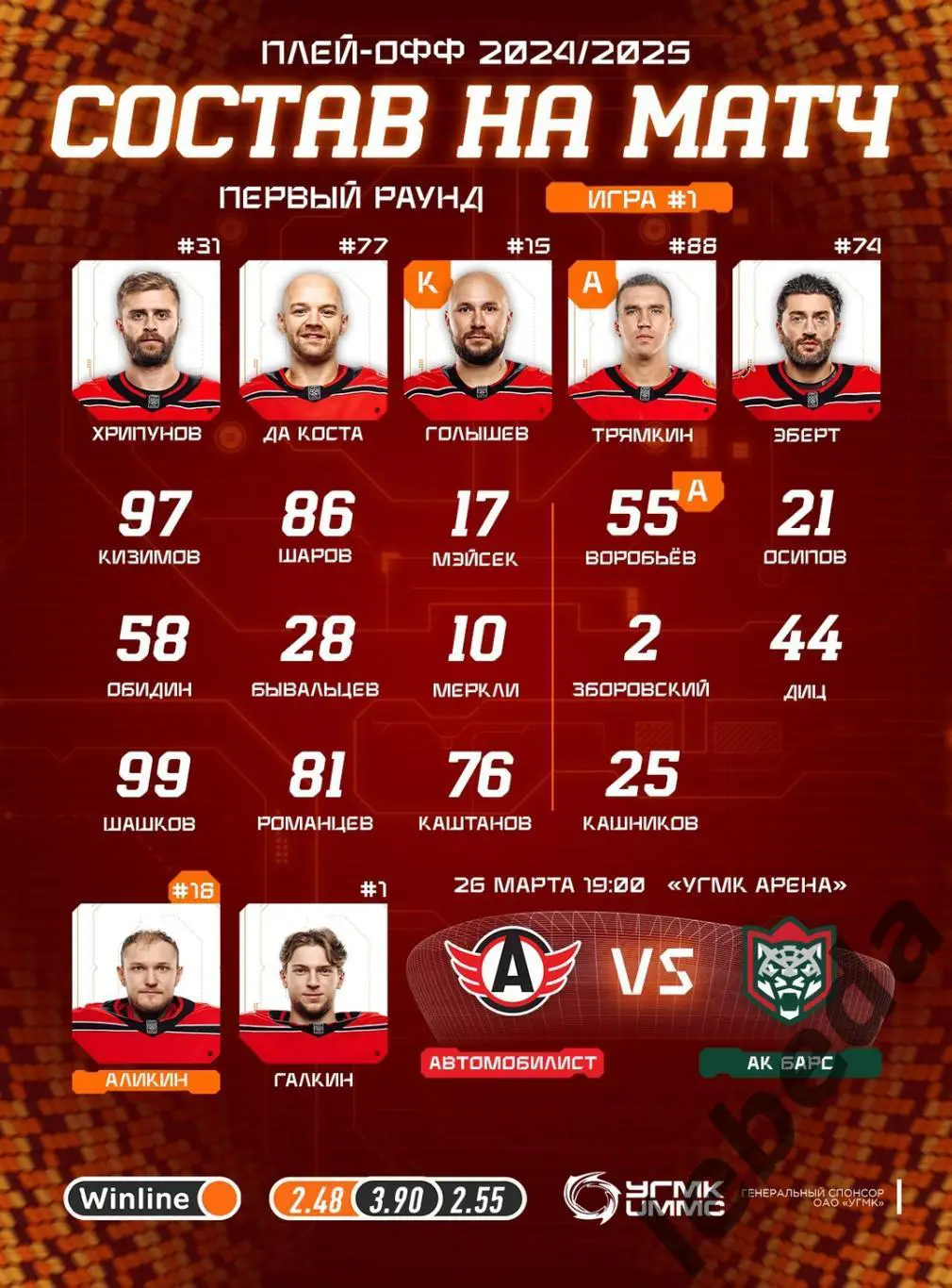 Автомобилист Екатеринбург - Ак Барс - 2024 / 2025. Плей-офф (26.03.25) игра №1 2