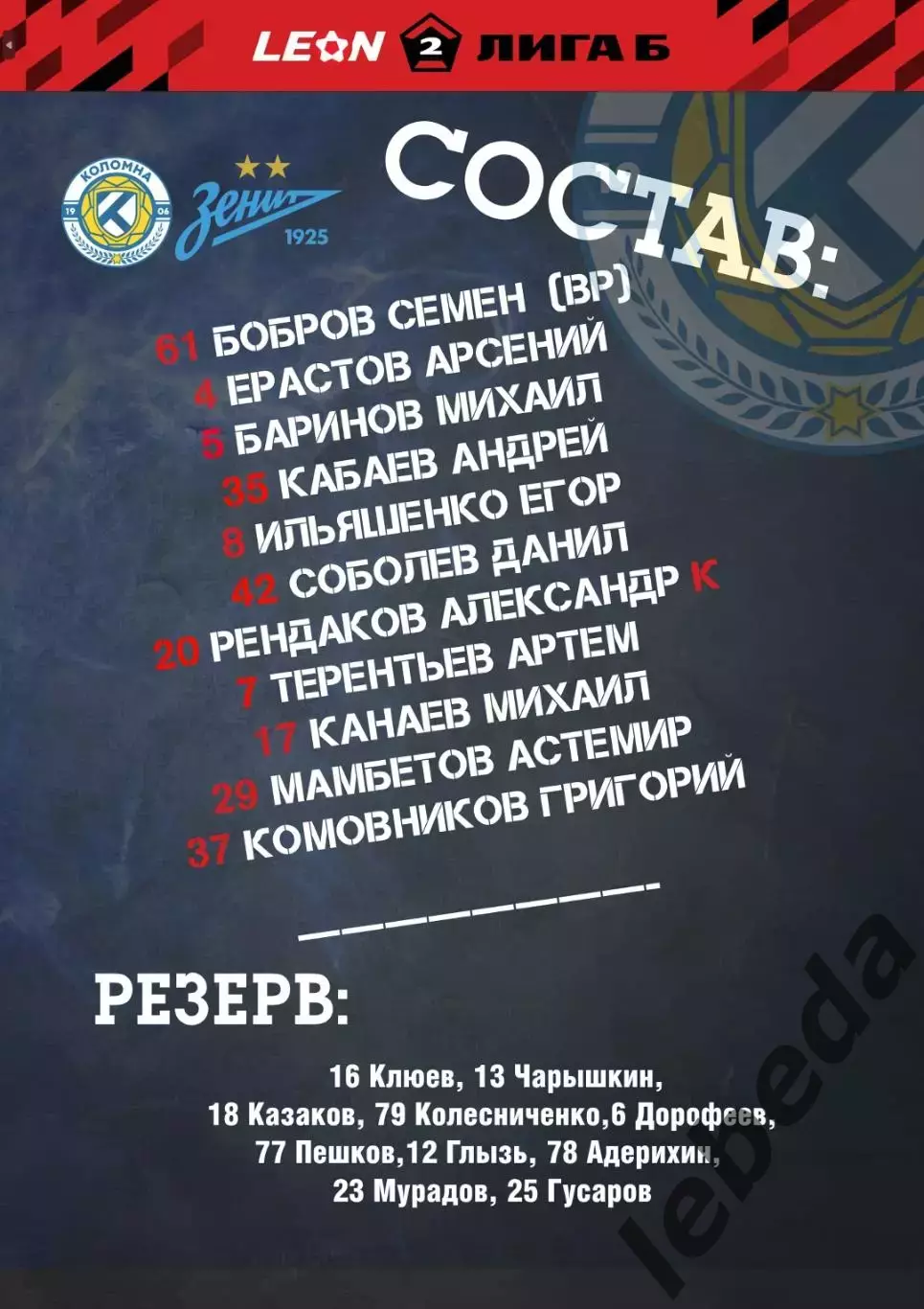 ФК Коломна - Зенит-2 (САнкт-Петербург ) - 2025-2026 г. (2.11.25.) 2