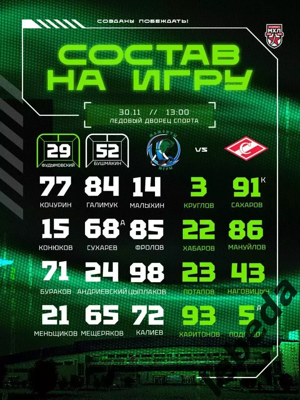 Мамонты Югры - МХК Спартак Москва - 2025-2026 год. (30.11.2025.) 2