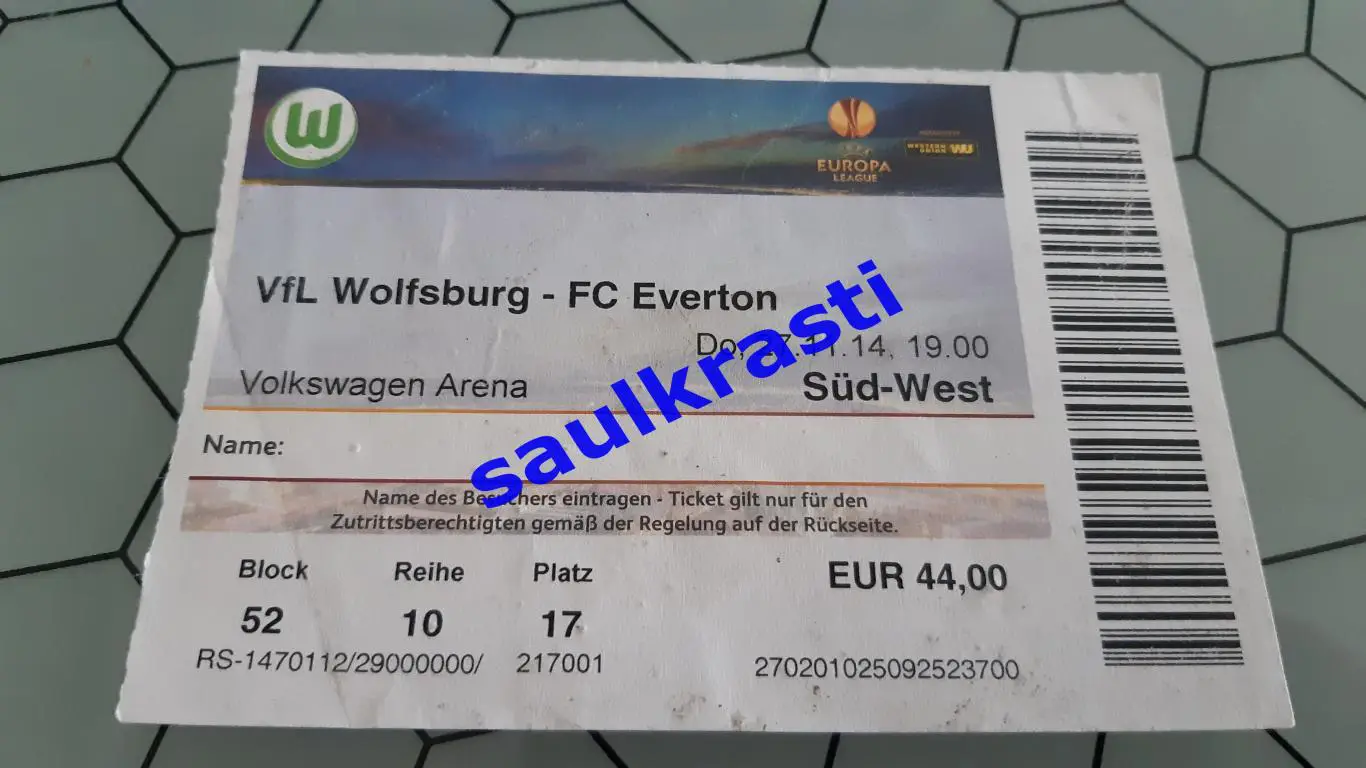 Билет Вольфсбург Германия - Эвертон Англия 27.11.2014