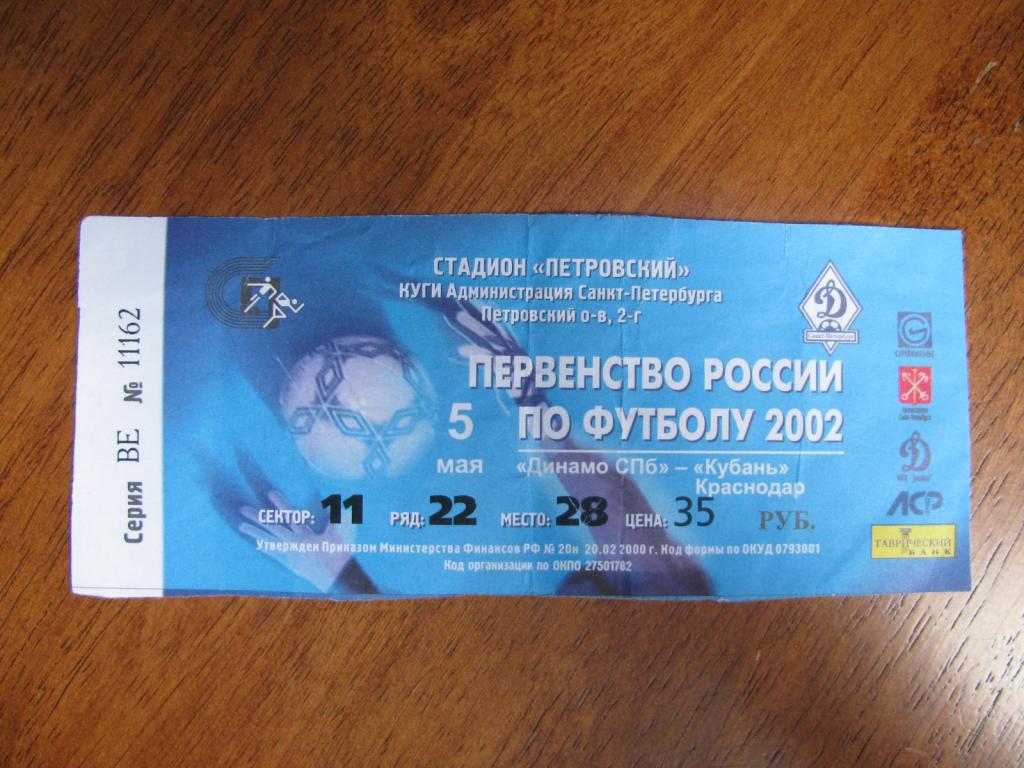 Билет на матч иДинамо СПб - Кубань 2002г.