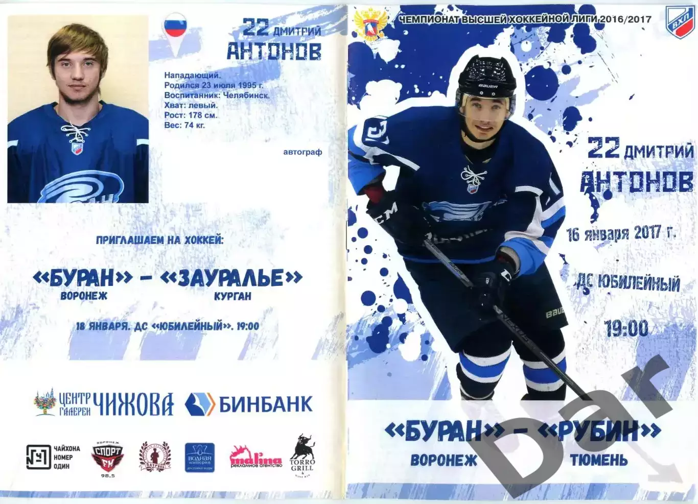 ВХЛ 2016/2017 ХК Буран (Воронеж)vs Рубин (Тюмень) 16 января 2017