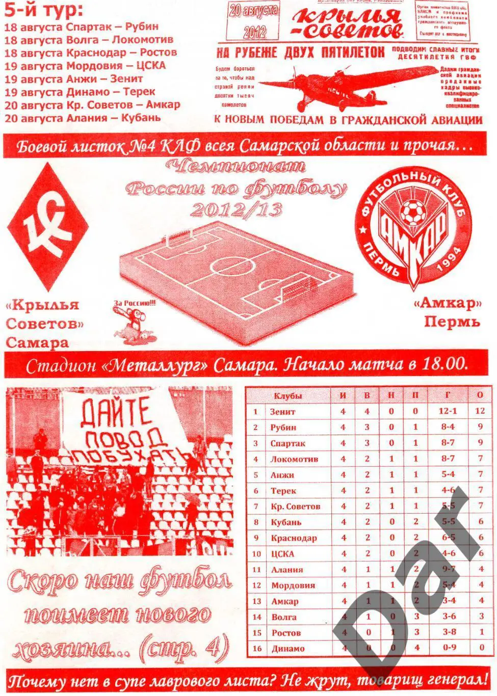 фанатская програм. Крылья Советов Самара – Амкар Пермь Боевой листок №4 КЛФ 2012