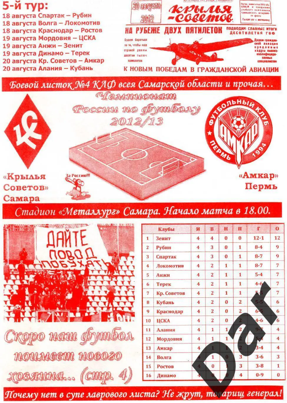 фанатская програм. Крылья Советов Самара – Амкар Пермь Боевой листок №4 КЛФ 2012
