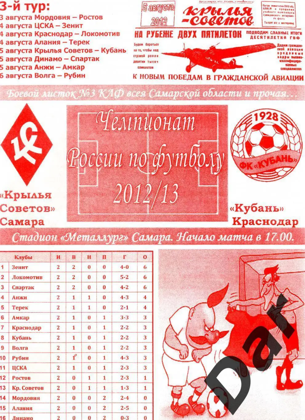 фан программа Крылья Советов Самара – Кубань Краснодар Боевой листок КЛФ №3 2012