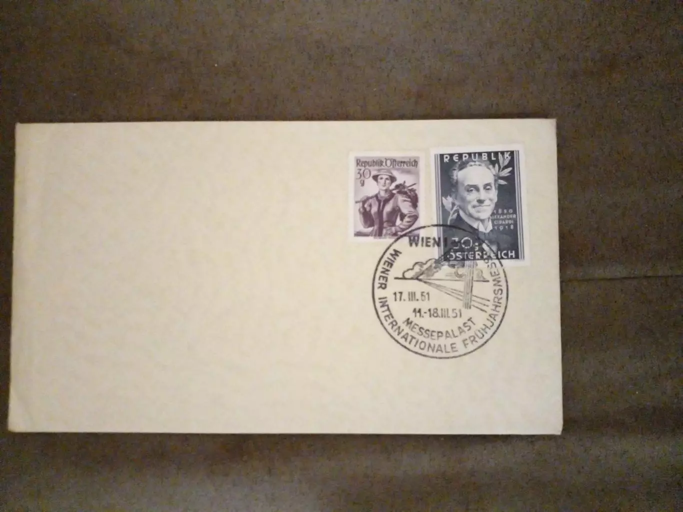Конверт с Маркой 1951 год австрия спец гашение