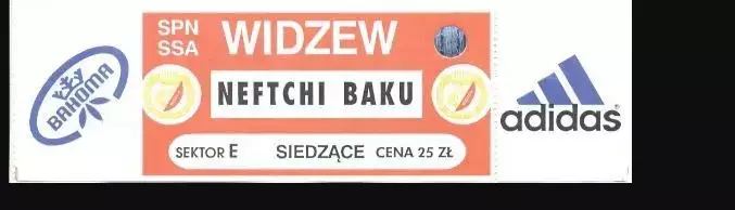 Билет Видзев Лодзь Польша - Нефтчи Баку Азербайджан 1997