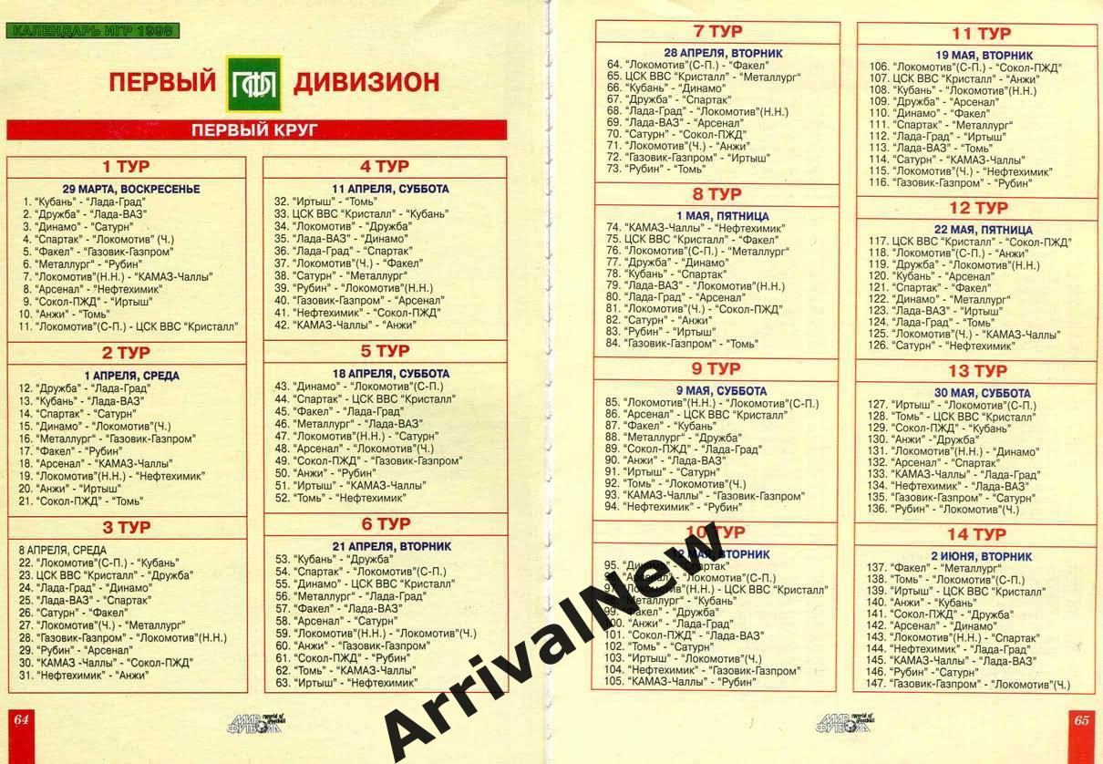 Календарь игр первый дивизион 1998