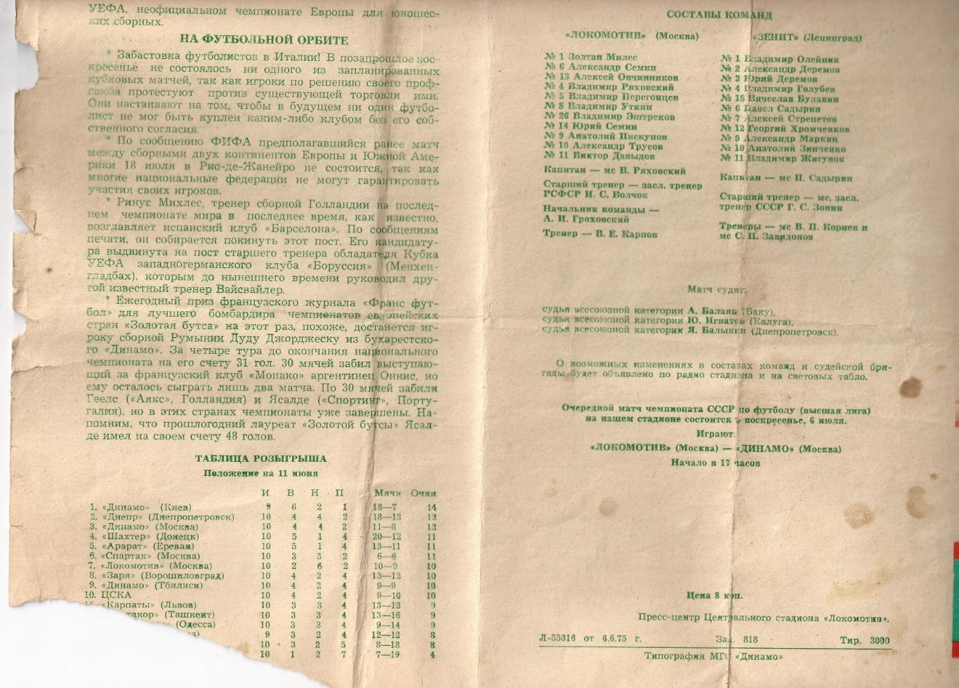 1975 - Локомотив Москва - Зенит Ленинград/Санкт-Петербург 1