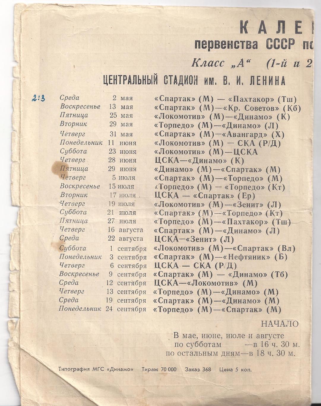 1962 - Календарь игр класса А в Москве