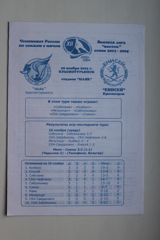 Маяк Краснотурьинск : Енисей Красноярск 29.11.2003 г.