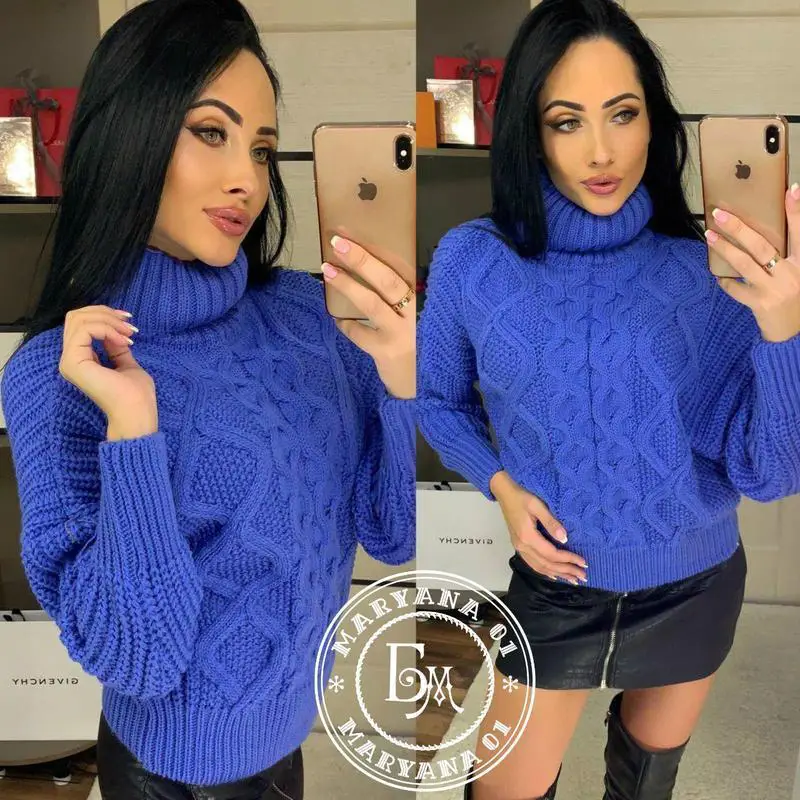 Объемный вязаный свитер оверсайз синий 2