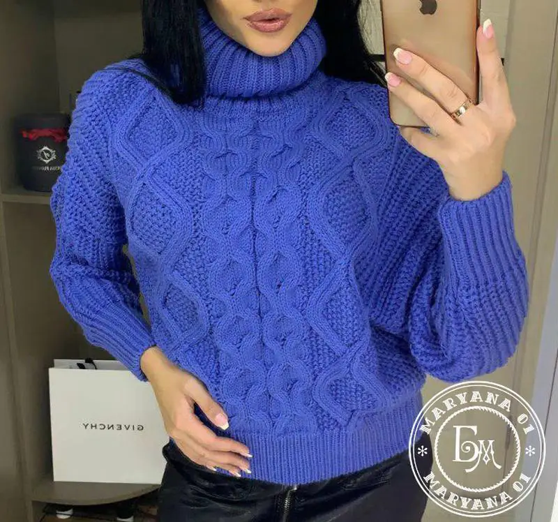 Объемный вязаный свитер оверсайз синий 3