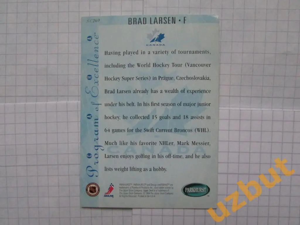 Карточка НХЛ Брэд Ларсен Brad Larsen Канада # se269 Parkhurst Upper deck 1994 1