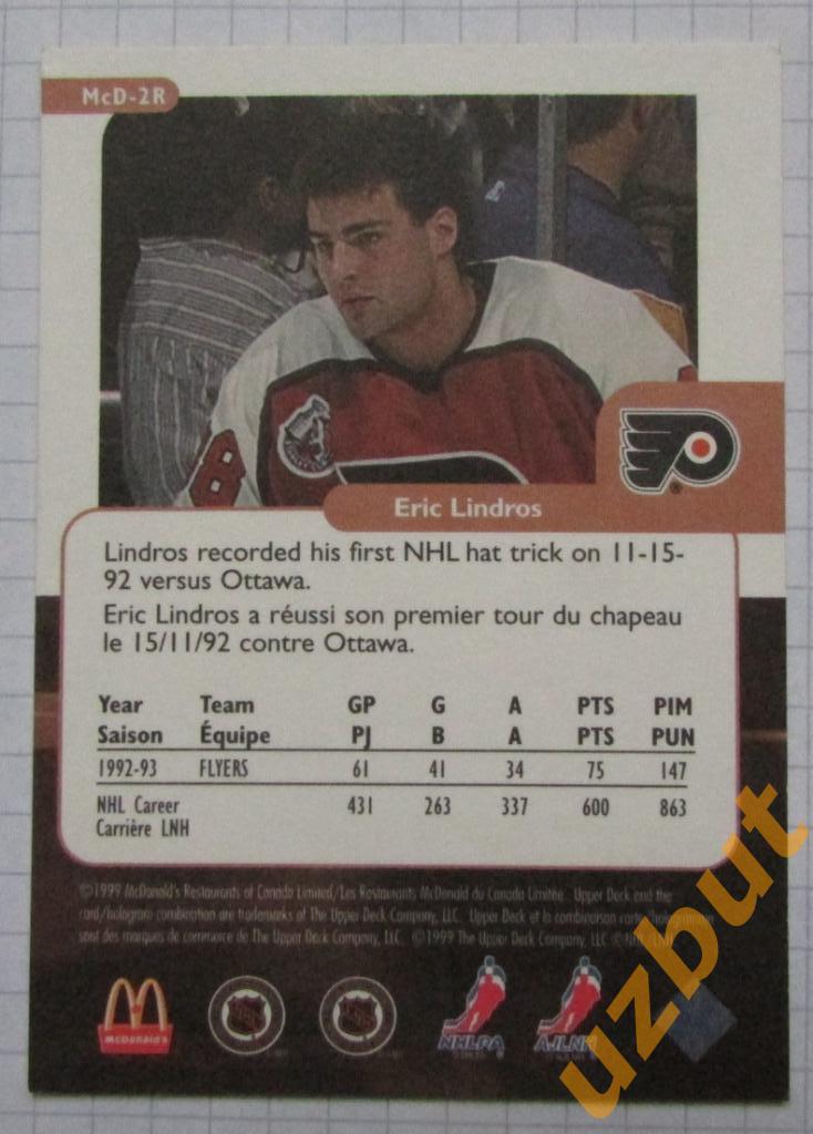 Карточка НХЛ Эрик Линдрос Филадельфия флайерз Retro McDonald's Eric Lindros 1