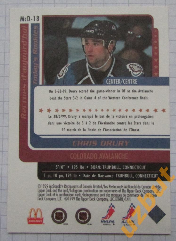 Карточка НХЛ Крис Друри Колорадо Эвеланш Retro McDonald's CHRIS DRURY 1