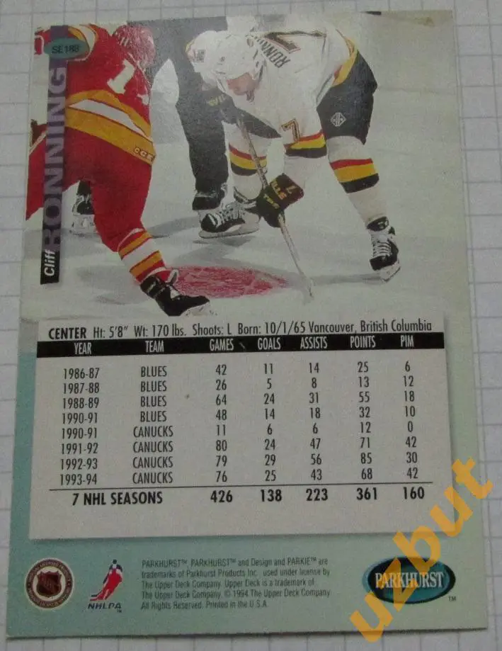 Карточка НХЛ Клифф Роннинг Ванкувер Кэнакс # 188 Cliff Ronning1994 1