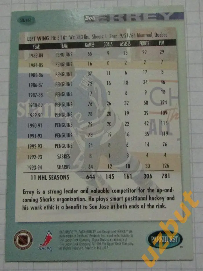 Карточка НХЛ Боб Эрри Сан-Хосе Шаркс # se161 Bob Errey 1994 1