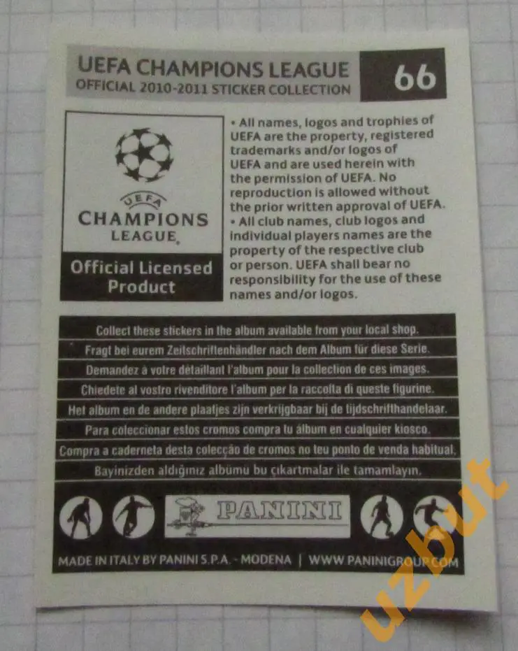 Наклейка №66 Denny Landzaat FC Twente Panini ЛЧ 2010-2011 1