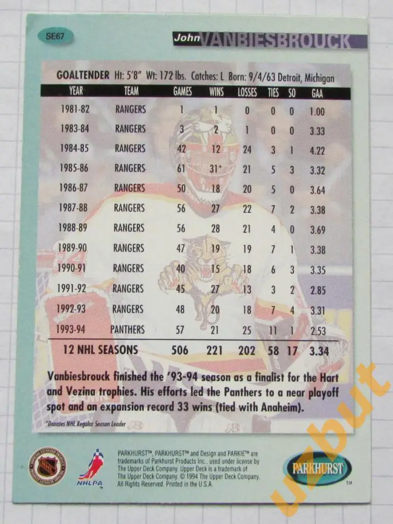 Карточка НХЛ Джон Ванбисбрук Флорида Пантерз # se 66 John Vanbiesbrouck 1994 1