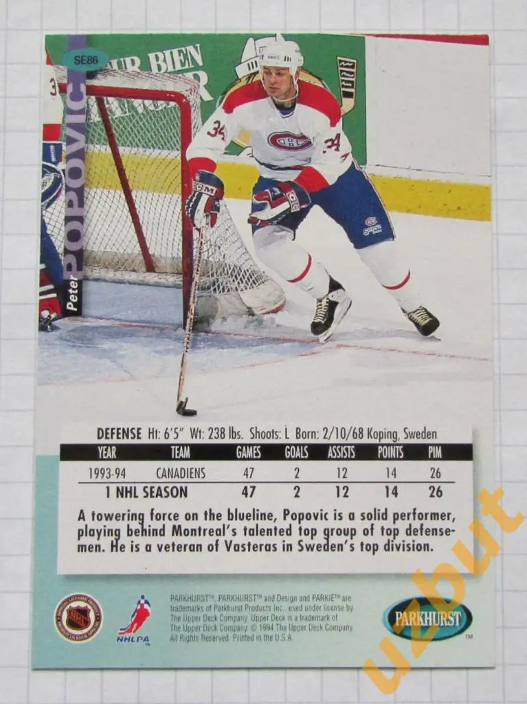 Карточка НХЛ Петер Попович Монреаль Канадиенс # se 86 Peter Popovic 1994 1