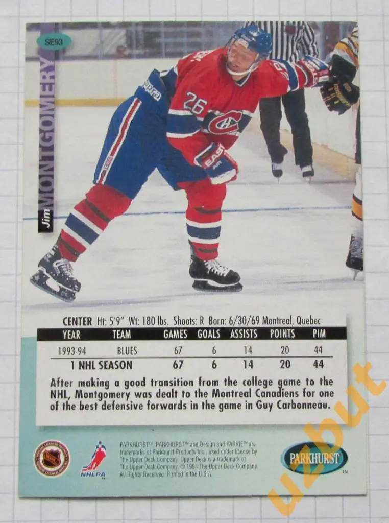 Карточка НХЛ Джим Монтгомери Монреаль Канадиенс # se 93 Jim Montgomery 1994 1