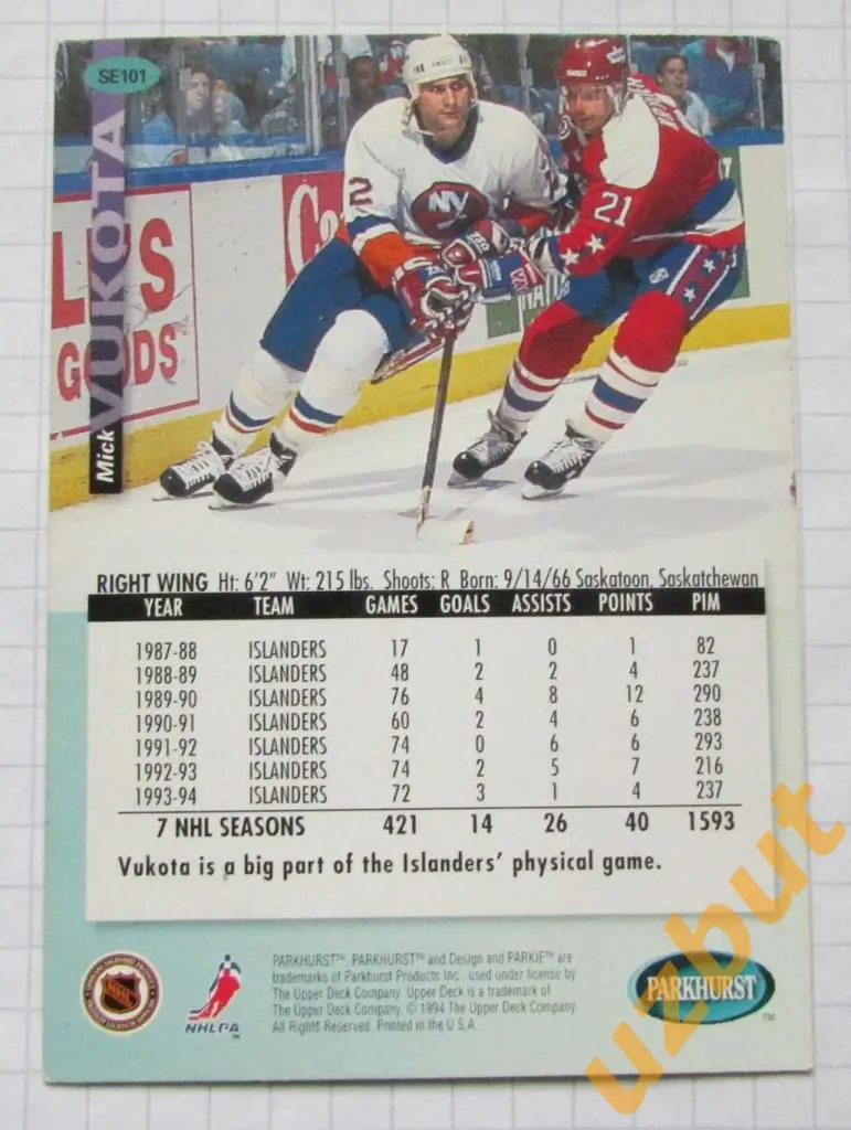 Карточка НХЛ Маринко Вукота Нью-Йорк Айлендерс # se 101 Mick Vukota 1994 1