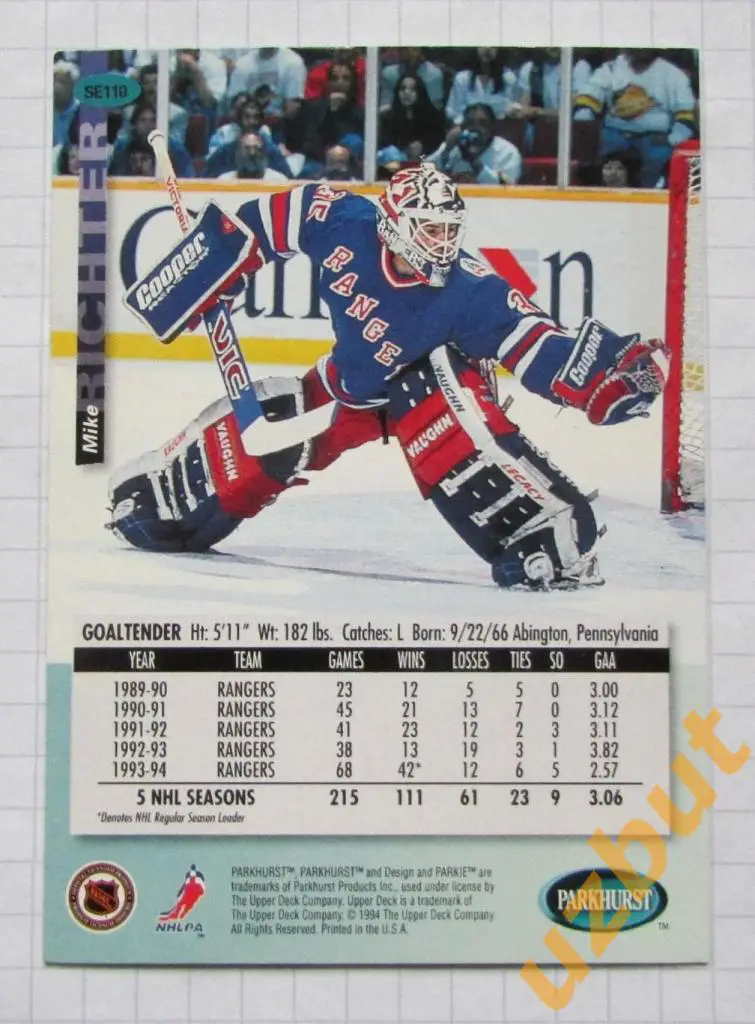 Карточка НХЛ Майк Рихтер Нью-Йорк Рейнджерс # se 110 Mike Richter 1994 1