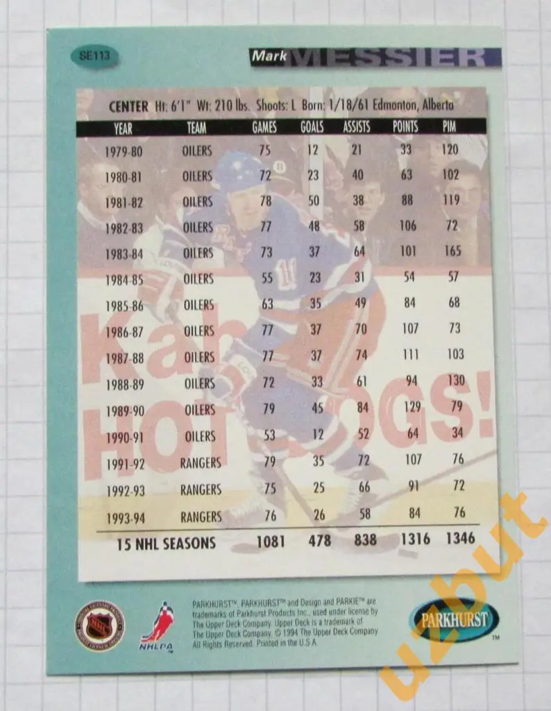 Карточка НХЛ Марк Мессье Нью-Йорк Рейнджерс # se 113 Mark Messier 1994 1
