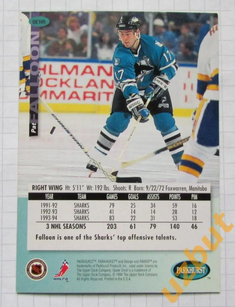 Карточка НХЛ Патрик Фаллон Сан-Хосе Шаркс# se 165 Pat Falloon 1994 1