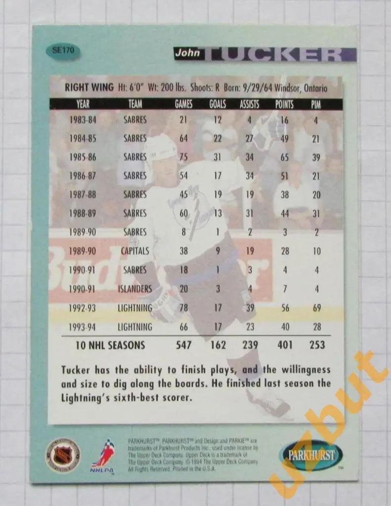 Карточка НХЛ Джон Такер Тампа-Бэй Лайтнинг # se 170 John Tucker 1994 1