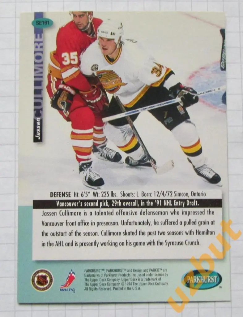 Карточка НХЛ Джассен Каллимор Ванкувер Кэнакс # 191 Jassen Cullimore 1994 1