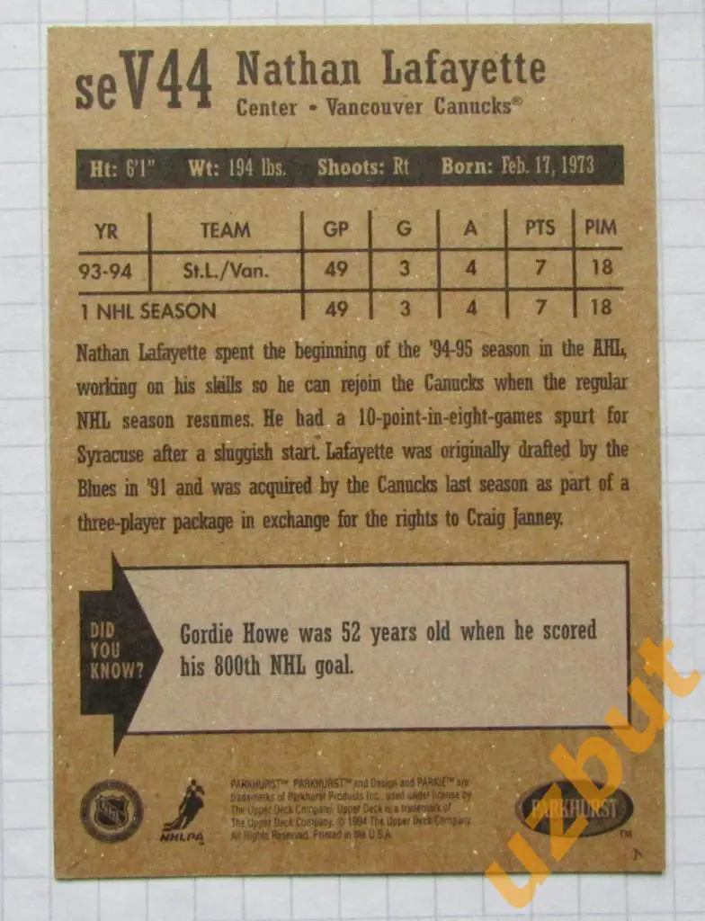 Карточка НХЛ Натан Лафайет Ванкувер Кэнакс # seV44 Nathan Lafayette 1994 1