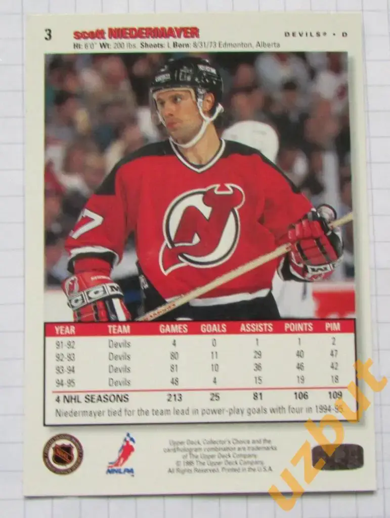 Карточка НХЛ Скотт Нидермайер \ Нью-Джерси Девилз \ № 3 Upper deck 1995 1