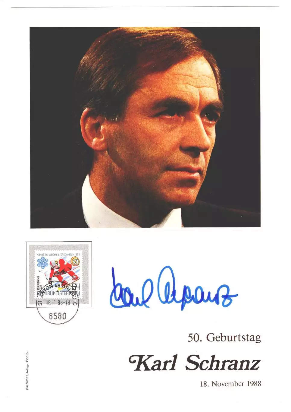 Австрия 1988 карточка Олимпийский чемпион Карл Шранц - 50 лет со дня рождения