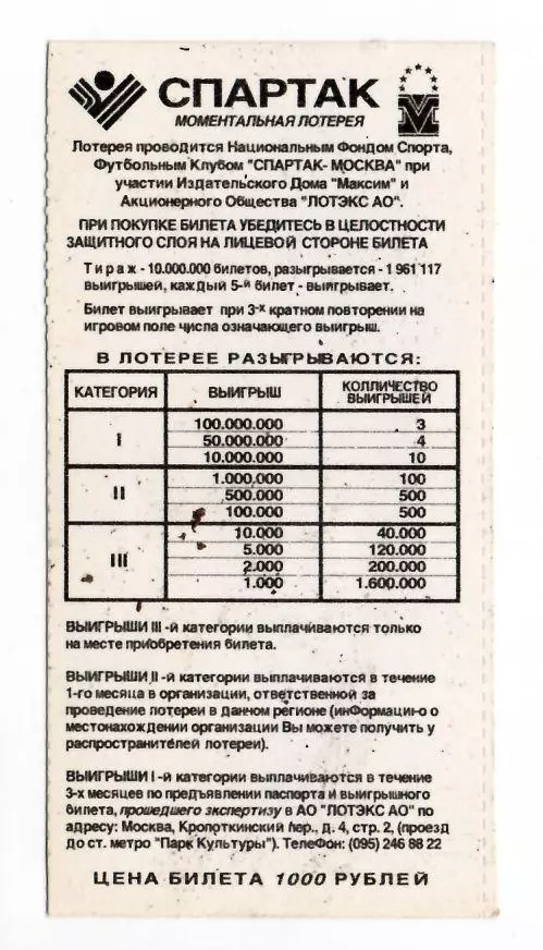 Лотерея Спартак Москва Илья Цымбаларь 1