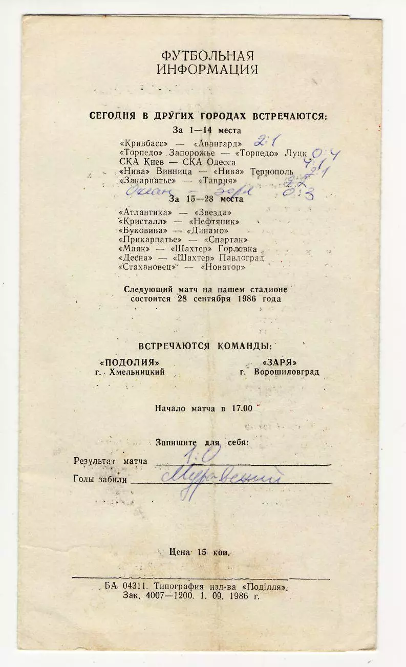 Программа Подолье Хмельницкий - Судостроитель Николаев 1986 1