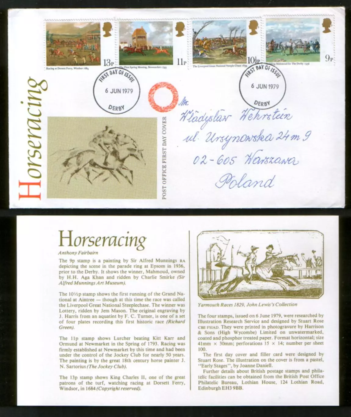 1976 Великобритания КПД конверт Конные скачки; спорт, фауна, лошади