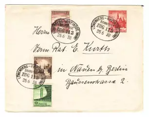 1938 Германия 3-й Рейх конверт, марки Спортивный турнир Бреслау, ж/д почта