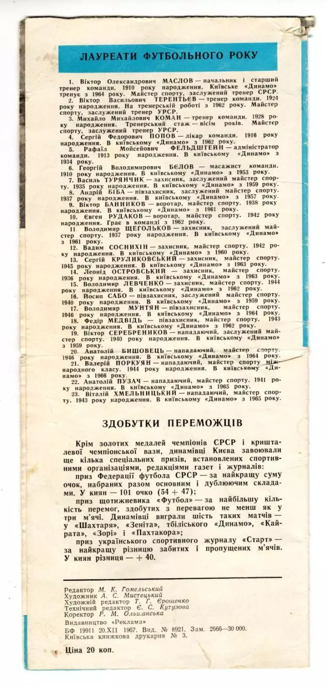 Динамо Киев - чемпионы СССР 1966-67 г. Буклет 1