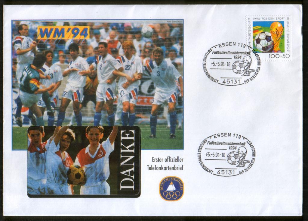 1994 конверт ГЕРМАНИЯ Футбол, Чемпионат мира-94, СГ + телефонная карта