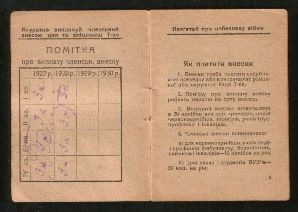 1929 ОСОАВИАХИМ ТСОАВIАХЕМ УССР, Членский билет, г.Днепропетровск 2