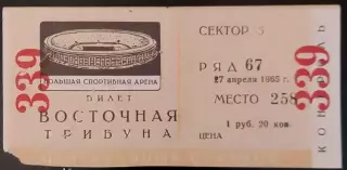 Билет футбол. Чемпионат СССР ЦСКА - Динамо Москва 27.04.1965г.