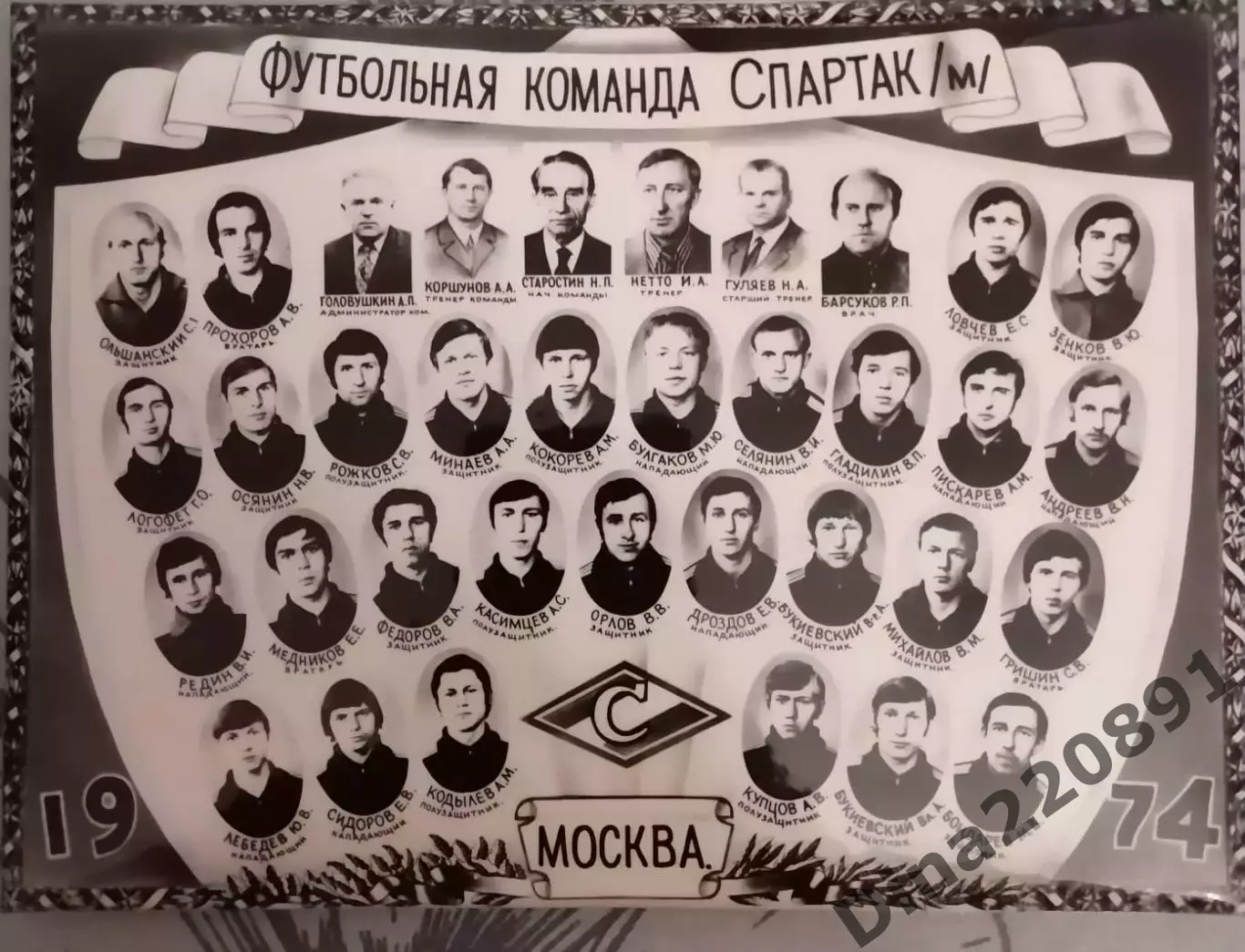 Командное фото. Спартак Москва. Оригинальное фото на картоне с подставкой 1974г.