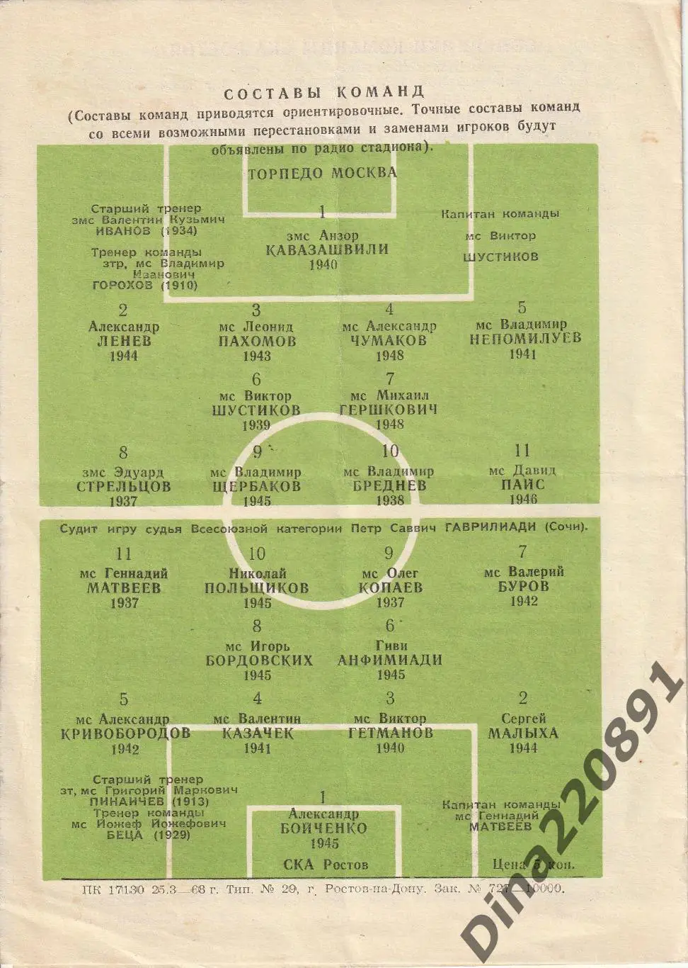 СКА Ростов-на-Дону - Торпедо Москва - 10 апреля 1968 год Чемпионат СССР. 1