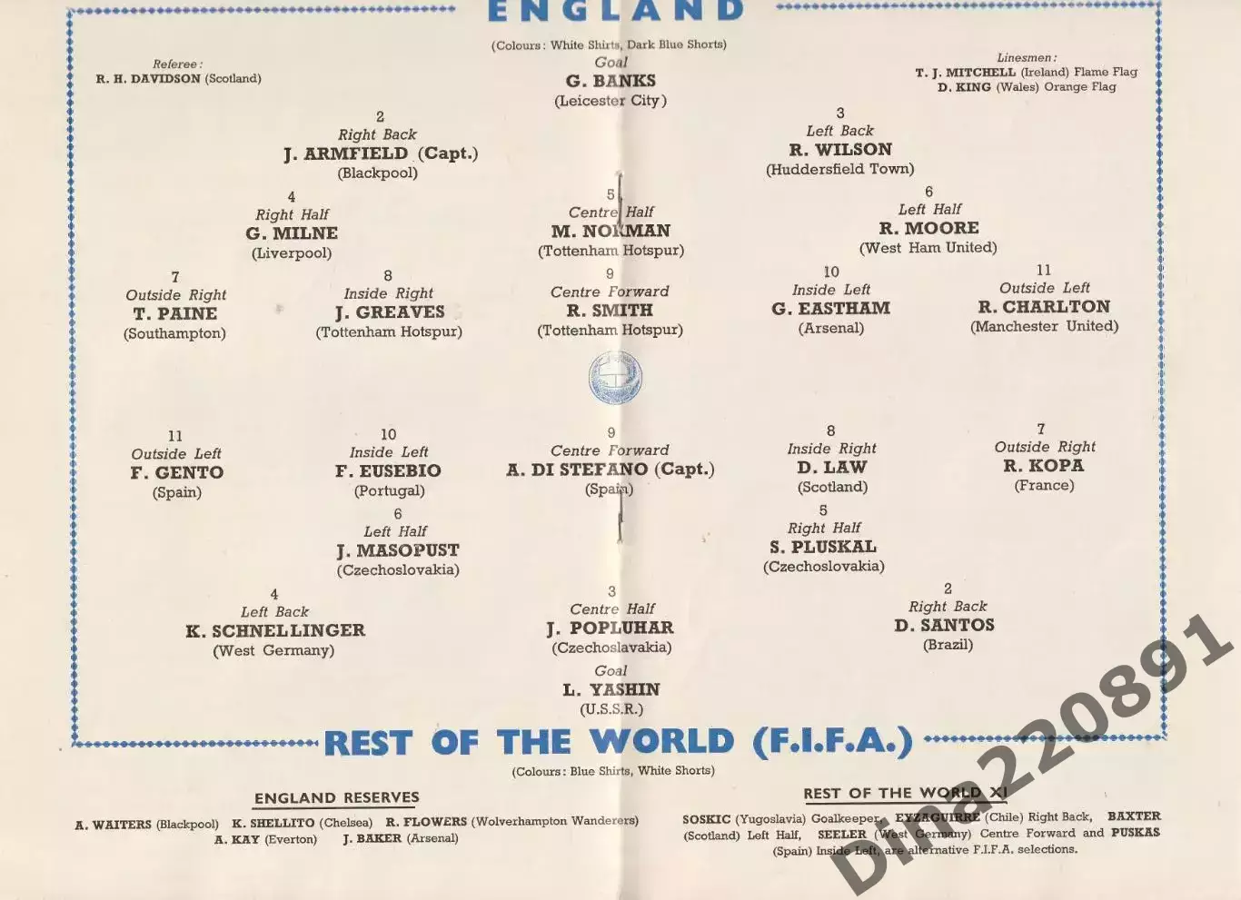 Легендарный матч Англия - Сборная Мира 1963 /Уэмбли, Лондон/ в воротах Лев Яшин. 1
