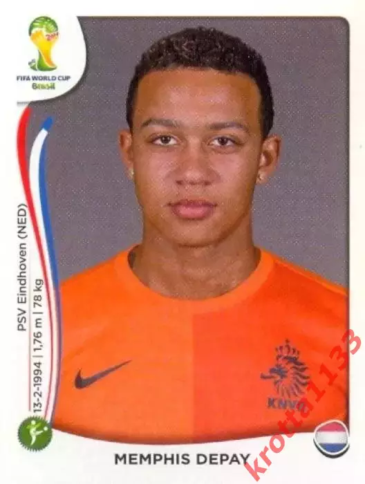 Наклейка #141 Memphis Depay для альбома PANINI Чемпионат Мира 2014