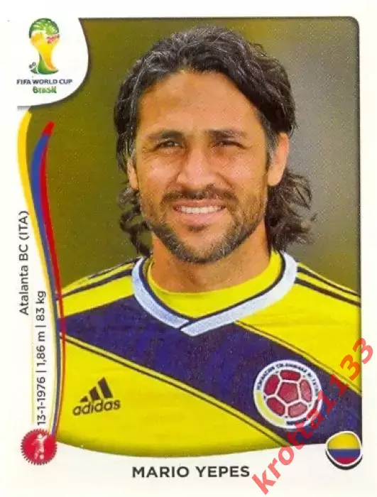 Наклейка #187 Mario Yepes для альбома PANINI Чемпионат Мира 2014