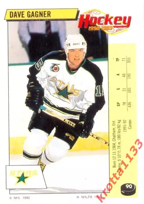 Наклейка #90 Dave Gagner Minnesota North Stars для альбома PANINI NHL 1992-1993