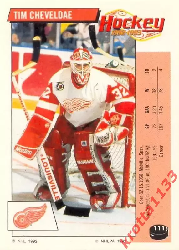 Наклейка #111 Tim Cheveldae Detroit Red Wings для альбома PANINI NHL 1992-1993